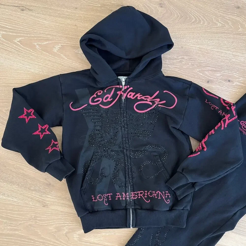 Ed Hardy x MGK Flames Rhinestone Hoodie and Sweatpants Size S in Black